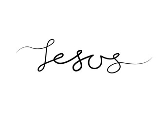 Lettering typography script poster, banner vector design. Jesus with ichthys - fish. Hand drawn modern vector cursive calligraphy text - Jesus.