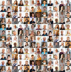 Hundreds of multiracial people crowd portraits headshots collection, collage mosaic. Many lot of...