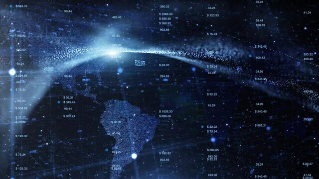 Virtual business data index on a dark cyberspace background with glowing particles and world map.