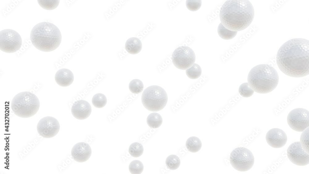 Poster realistic looping 3d animation of the falling golf balls rendered in uhd with alpha matte