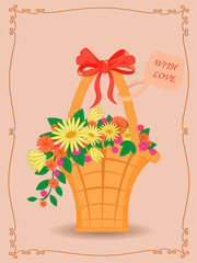 Beautiful flowers in a basket, red bow, daisies. Romantic postcard. Vector illustration