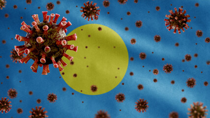 3D, Flu coronavirus floating over Palauan flag. Palau and pandemic Covid 19