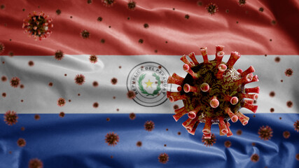 3D, Paraguayan flag waving with Coronavirus outbreak. Paraguay Covid 19