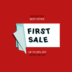 First Sale banner. Sale offer price sign. Brush vector banner. Discount text. Vector