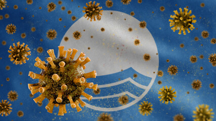 3D, Blue flag of ecological beaches waving with Coronavirus outbreak.