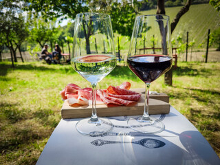 Two glasses of wine and typical cold cuts served on a wooden cutting board, salami plate from Chianti, Tuscany. Selection of ham, salami, sausage - obrazy, fototapety, plakaty