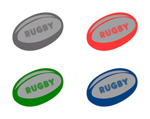 A flat graphic of a set of 4 rugby balls isolated on a white background.