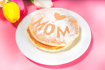 Mothers day Brunch restaurant invitation concept. Various Moms Womans Day Menu background, with traditional breakfast and lunch food and drink set, with flowers on sunny pink background