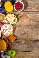 Fathers day Brunch restaurant invitation concept. Various Daddy Man Day Menu background, with traditional breakfast and lunch food set, with tie on sunny wooden background