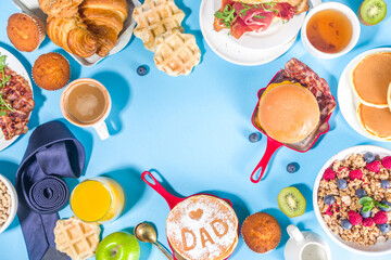 Fathers day Brunch restaurant invitation concept. Various Daddy Man Day Menu background, with traditional breakfast and lunch food set, with tie on sunny bright blue background