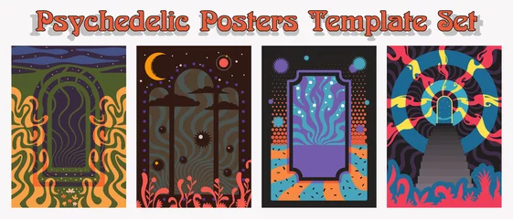 Fotobehang Psychedelic Posters Template Set, 1960s - 1970s Rock Music Covers Backgrounds Stylization  © koyash07
