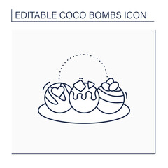 Coco bombs line icon. Delicious dessert. Cute balls of chocolate with marshmallows filling. Candies variation. Chocolate sweet.Isolated vector illustration.Editable stroke