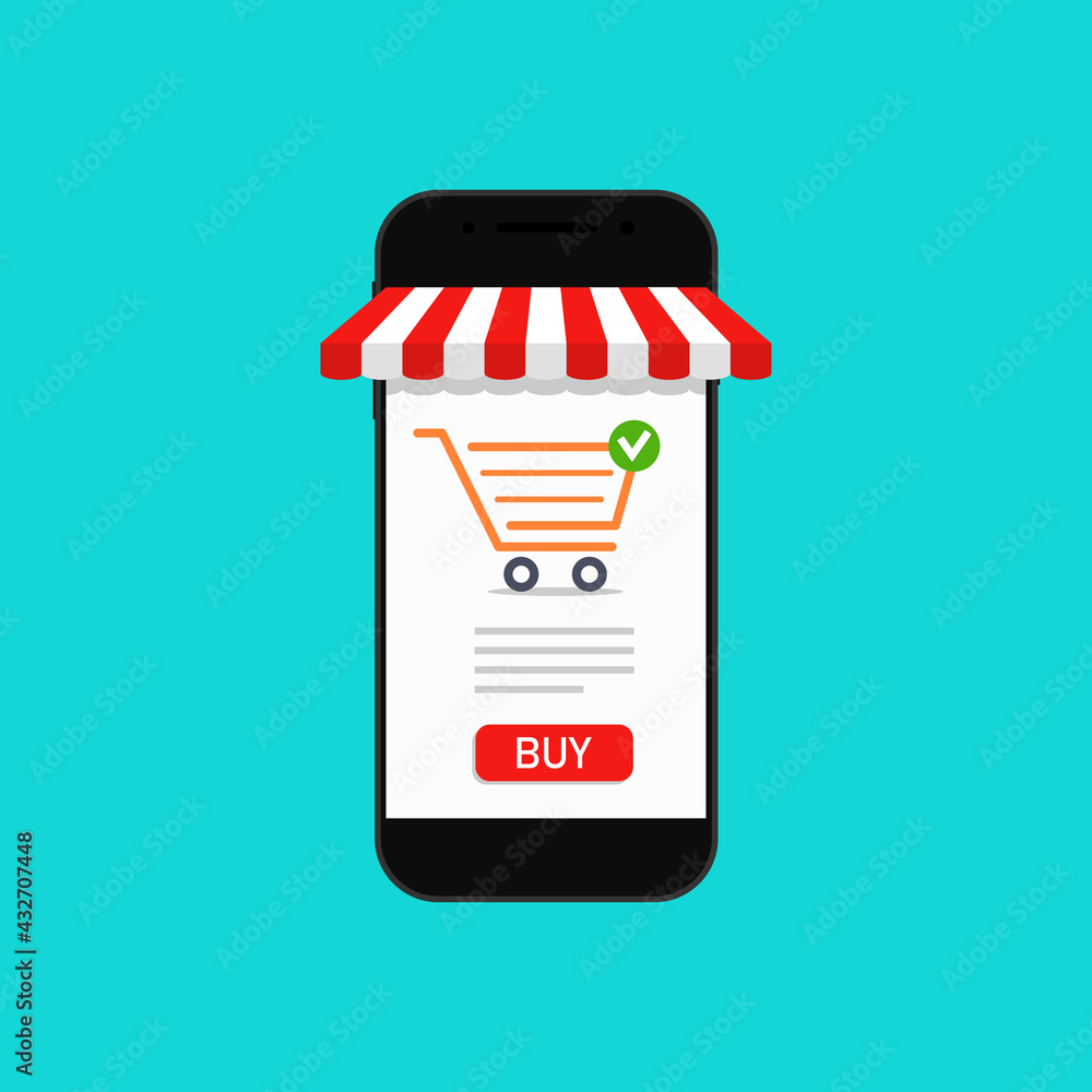 Poster online shop in phone. store in smartphone. app of supermarket with internet purchase. concept of onl