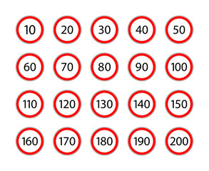 Limit speed sign for car. Set of road sign with restriction of speed of 50, 60, 90, 20, 80, 120, 130, 70, 30, 100, 40, 10, 110, 140, 160, 200 km. Icon for traffic on city or highway. Vector