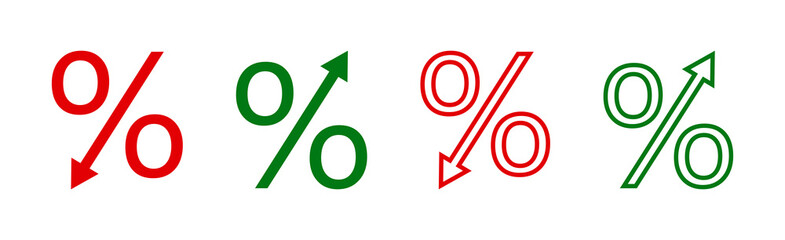 Percent icon. Percentage with arrow to down and up. Decrease and increase of interest rate. Symbol of loss or growth of price, cost and gdp. Sign of reduction profit. Logo of rise economy. Vector