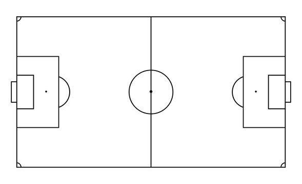 Soccer field in line style. Football pitch. Black outline court and stadium on white background. Icon for football match, league and scheme. Graphic icon for sport area, game and training. Vector