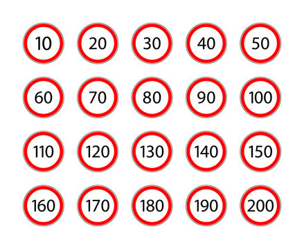 Limit speed sign for car. Set of road sign with restriction of speed of 50, 60, 90, 20, 80, 120, 130, 70, 30, 100, 40, 10, 110, 140, 160, 200 km. Icon for traffic on city or highway. Vector