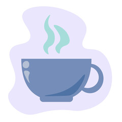 Hot drink, cozy cup in blue shades on an abstract gray spot for design