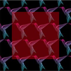 Little bird. Neon, electric colors. Flying hummingbird. Repeated elements. Modern media banner. Message board with red square. Black background.