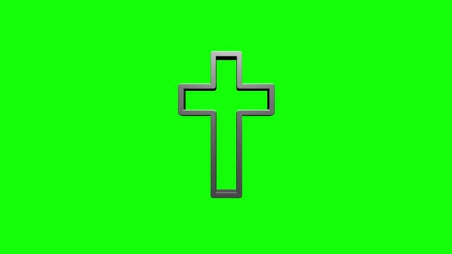3D silver Christian cross icon isolated on green background. Church cross. Motion graphics.