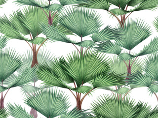 Watercolor painting tree coconut,palm leaf,green leaves seamless pattern background.Watercolor hand drawn illustration tropical exotic leaf prints for wallpaper,textile Hawaii aloha jungle pattern.