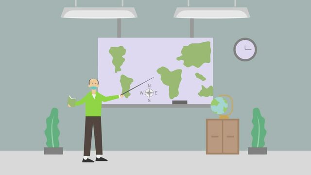 Teacher teaching geography and explaining world map