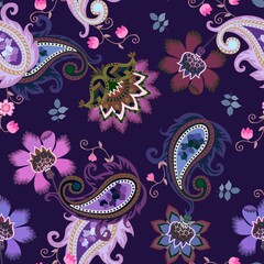 Seamless colorful ethnic pattern with magic flowers, paisley and leaves on dark blue background. Russian, indian, persian motifs.