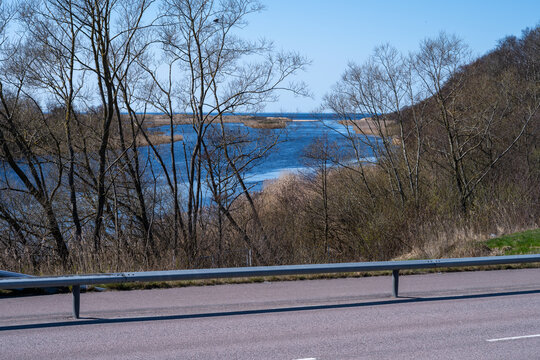 A beautiful azur blue ocean bay seen from a read. Trees in the foreground and a blue sky in the background. Picture from Laholm, Sweden