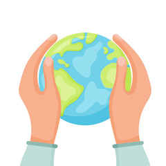 Vector cartoon style illustration of World Environment Day greeting card template or poster design. Planet Earth lies in the hand.