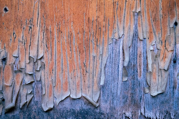 Peeled off paint on wooden house wall texture background. Orange and blue creative backdrop. Old, weathered, aged, vintage wood boards. Moody, creepy. Close up, copy space