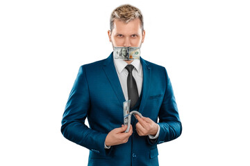The man's mouth is sealed with dollars, money. The concept of buying silence, corruption, lobbyists...