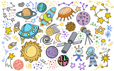 space set vector illustration hand-drawn cute images childrens bright colored rocket meteorite planet alien flying saucers astronaut satellite sun saturn mars stars and constellations. Print mesh 