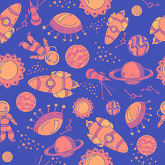space set vector illustration hand-drawn cute images childrens bright colored rocket meteorite planet alien flying saucers astronaut satellite sun saturn mars stars and constellations. Print mesh 