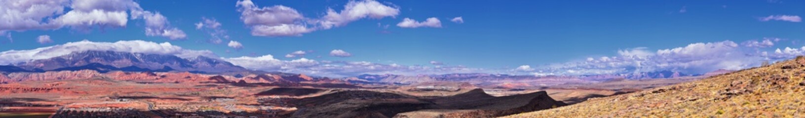 Shinob Kibe hiking trail views, mesa overlooking Washington City by St George in southwest Utah. Sacred peaks of the southern Paiute tribe. Western United States.