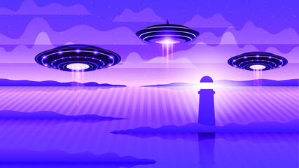 Abstract Aliens On Flying Saucers Mountains Clouds Water 
Lighthouse Background Gradient Unidentified Flying Object Ufo Stars Vector Design Style