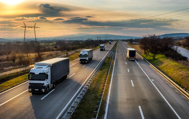 Highway transit. Convoy or caravan of transportation trucks passing on a highway at amazing sunset. Highway transportation with lorry trucks
