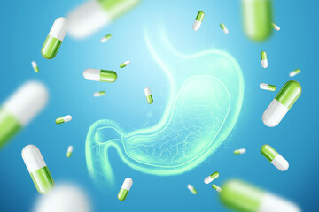 Image of the stomach and pills on a blue background. The concept of diet, intestinal microflora, microorganisms, healthy digestion. 3D render, 3D illustration.