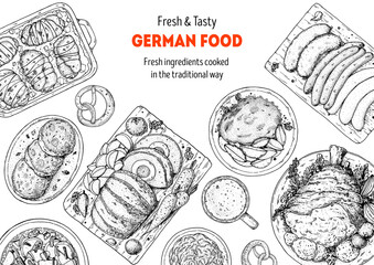 Obraz premium German food menu sketches. Design template. Hand drawn vector illustration. German cuisine. Black and white. Engraved style. Hand drawn food sketch illustration.