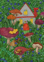 Fairy house in the forest. Berries and mushrooms. Digital painting. Cute illustration for the decor and design of posters, postcards, prints, stickers, invitations, textiles and stationery.