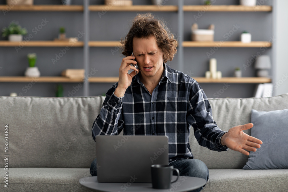 Poster discontented man talking on phone having problem at home