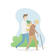 Elderly Care business Services,young man taking care  grandmother or elderly people go to shopping at the market to cook at home,Get out of the house for walking, exercise, and good mental health.