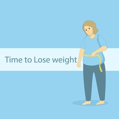 Time to lose weight concept,Woman standing and look worry when she take a measure tape at waist size yourself,It's time to get serious about diet and exercise,Healthcare,Cartoon vector illustration.