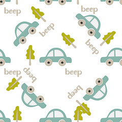 Cartoon car seamless pattern for kids, boys. Vector illustration.