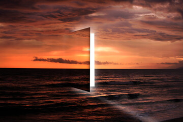 Surreal door On the sea , surrealism door to heaven concept, open door in the beach, bright light from the gate  way, orange dramatic sky, entry to heaven concept   - Powered by Adobe