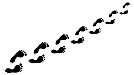 Human prints bare feet top view. Black chain footsteps humanoid smeared footprint extending straight into distance mysterious markings with flowing vector heels.