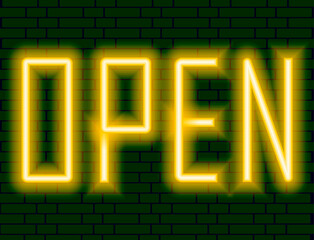 Neon colorful sign with open text, entrance is available. Yellow and green color. Vector illustration