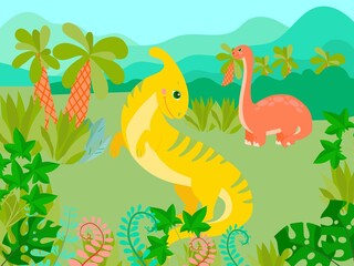 Set of cute dinosaurs on the background of nature in cartoon style. Bright childish drawing with animals. Vector illustration isolated on white background.