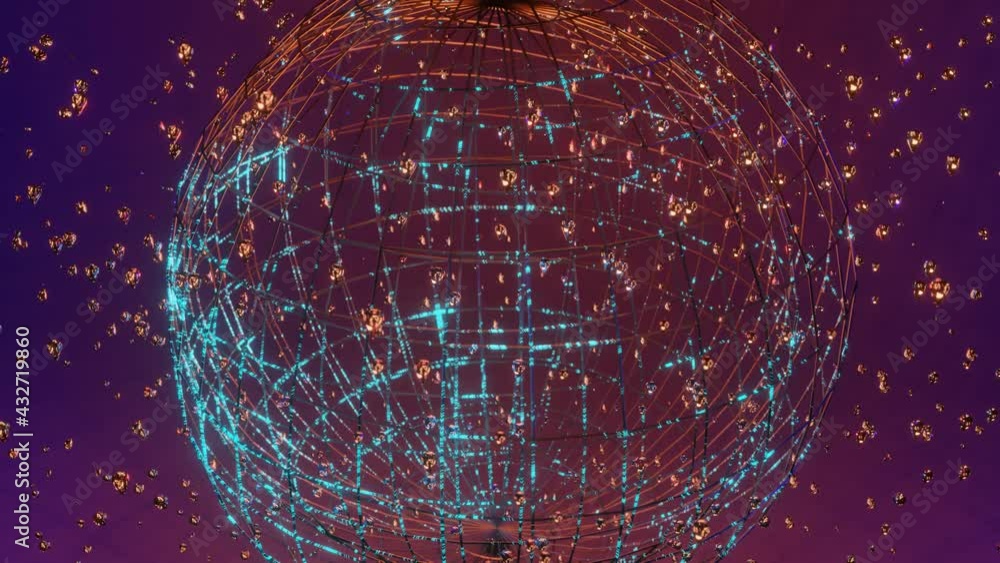 Poster frame of a sphere with flying particles is spinning on a dark background. looped background. 3d rend