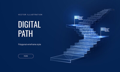 Path to success on a blue background. Staircase up in a futuristic polygonal style. Digital path abstract vector illustration - obrazy, fototapety, plakaty