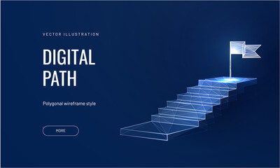 Path to success on a blue background. Staircase up in a futuristic polygonal style. Digital path abstract vector illustration - obrazy, fototapety, plakaty